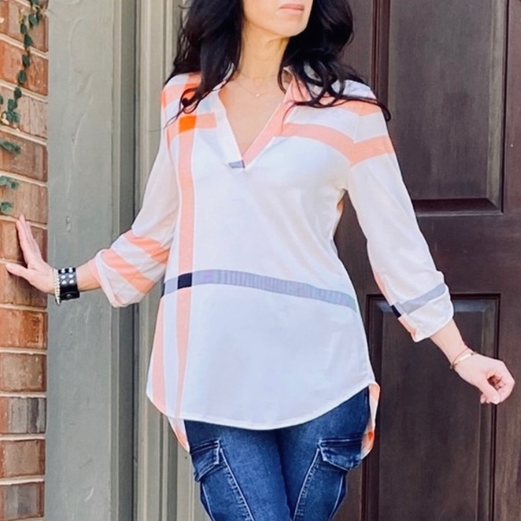 Beige inspired plaid rolled sleeves tunic top - Picture 10 of 16